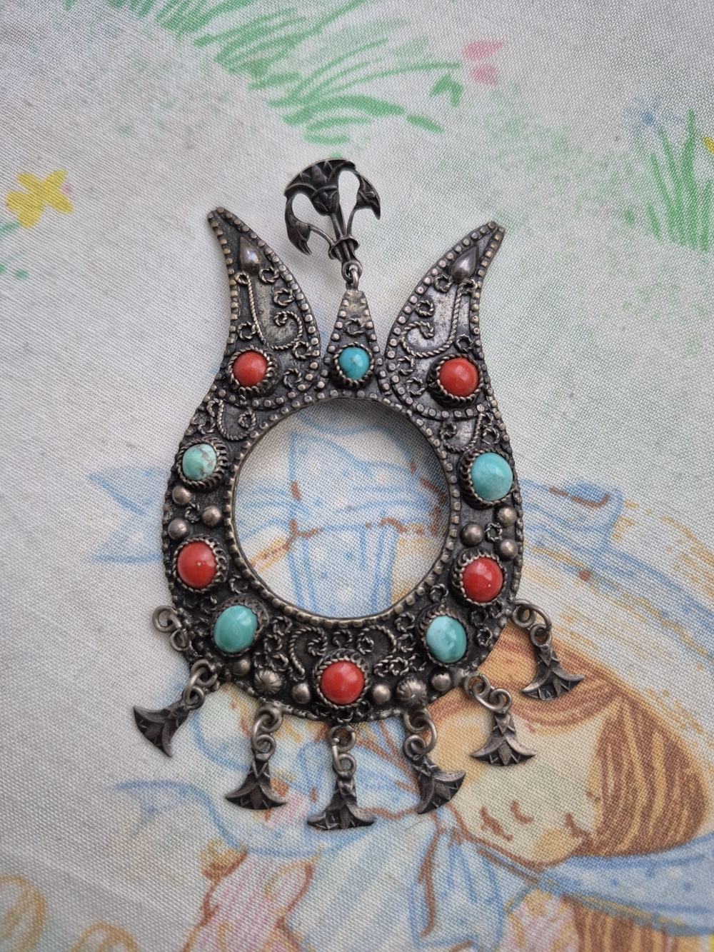 🌙Vintage Egyptian 800 Silver Crescent Pendant Turquoise Coral Filigree